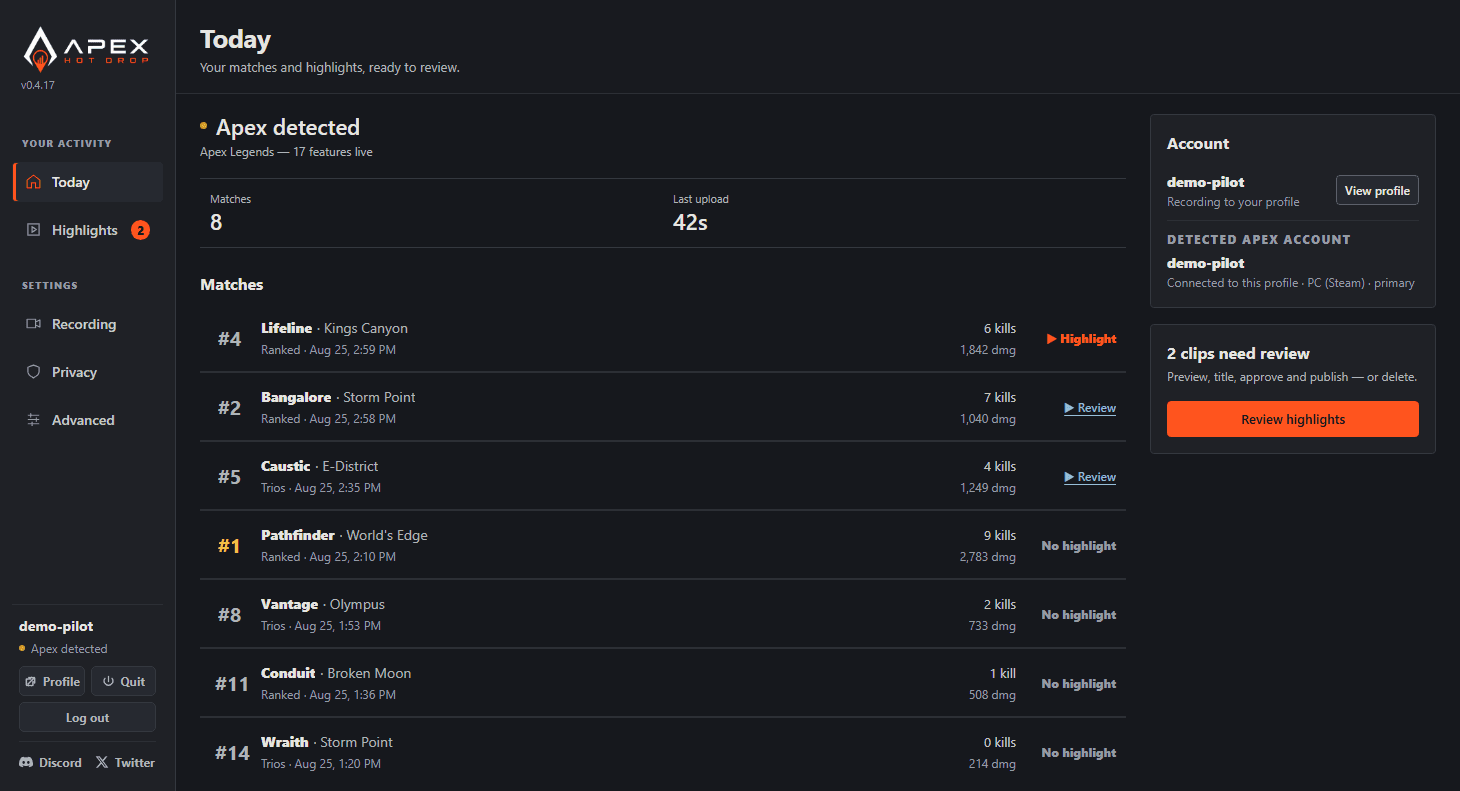 Hotdrop desktop app showing recent Apex matches, match results, and highlights ready to review.