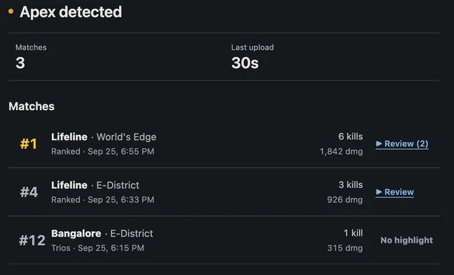 Hot Drop desktop app: Apex detected and today's three recorded matches
